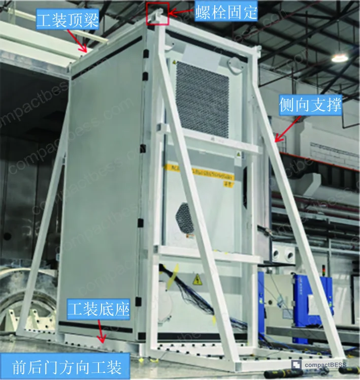 Figure 1: Full-scale energy storage battery cabinet under test — outer dimensions 1,130 mm × 1,203 mm × 2,521 mm, mass 3,920 kg
