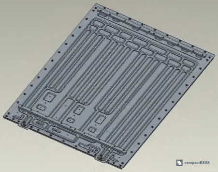 Figure 1: Liquid-cooled battery pack model showing dual cell modules, cooling plate, and BMU arrangement with bottom-cooling configuration