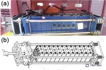 Figure 1: Steel fixture tooling with centrally mounted pressure sensor used to measure module swelling force — initial preload set to 300 kgf before cycling begins