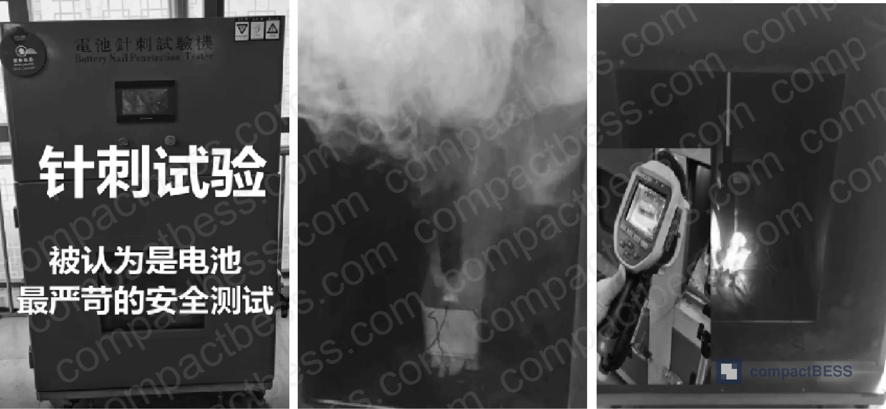 Figure 2: Thermal runaway propagation comparison — nail penetration test showing battery surface temperature in air vs. submerged in EBC160 immersion coolant, demonstrating flame suppression and thermal containment