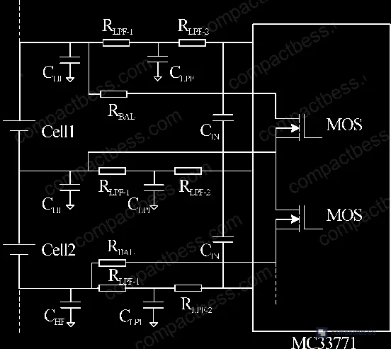 Figure 2: Voltage sampling and passive balancing circuit around the MC33771, showing cell tap connections and MOSFET-controlled balancing paths