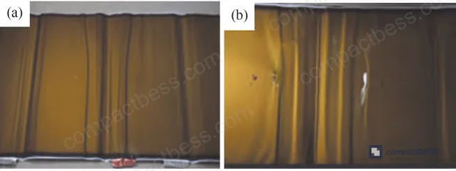 Figure 4: Electrode failure modes in wound cells — (a) electrode plate deformation and wrinkling, (b) lithium plating and black spots on negative electrode surface