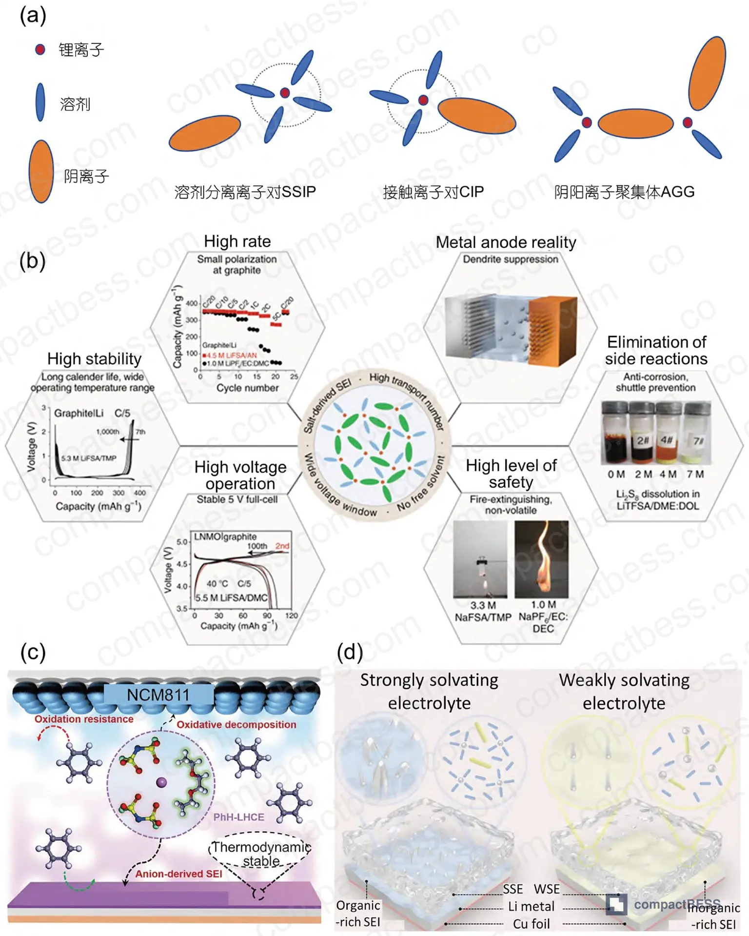 Figure 2: Solvation structure modification approaches in advanced electrolyte systems, showing the relationship between electrolyte composition and ionic conductivity, electrochemical stability, and interface behavior