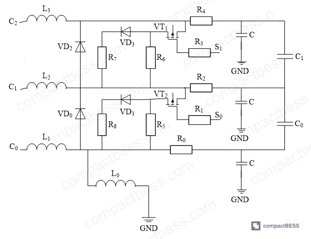 Figure 2: Battery voltage acquisition and passive cell equalization circuit schematic