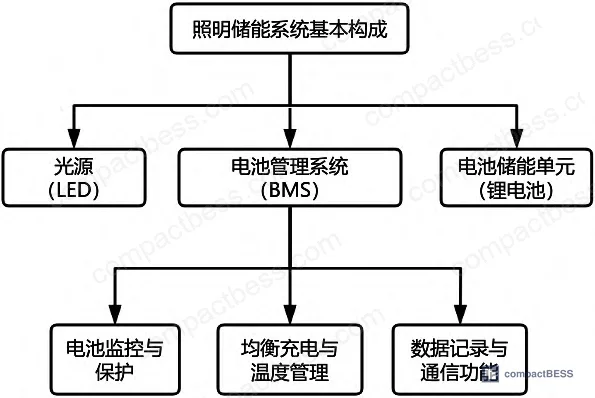 Figure 1: System architecture overview of a lighting energy storage system integrating LED load, lithium-ion cell pack, and BMS with active balancing control