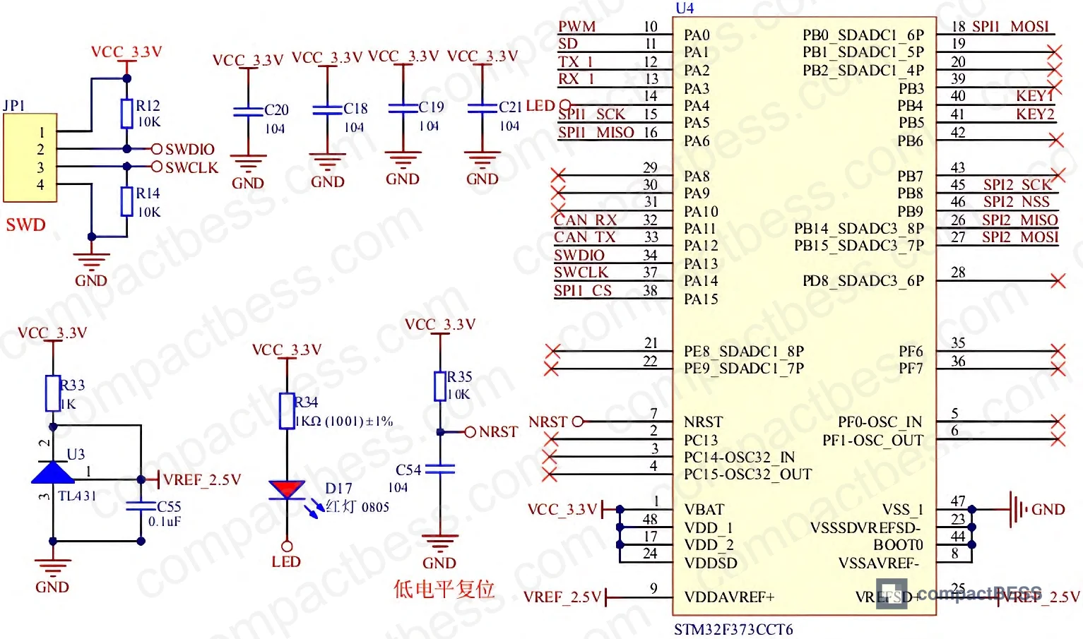 Figure 5: STM32F373C8T6 MCU circuit diagram showing main control unit configuration for BMS real-time monitoring and balancing algorithm execution