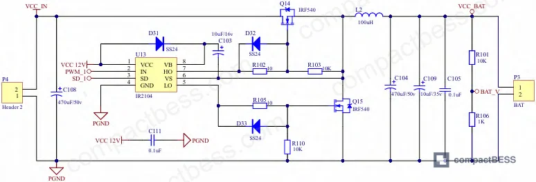 Figure 9: Buck charging circuit schematic using IRF2104 gate driver with integrated dead-time control