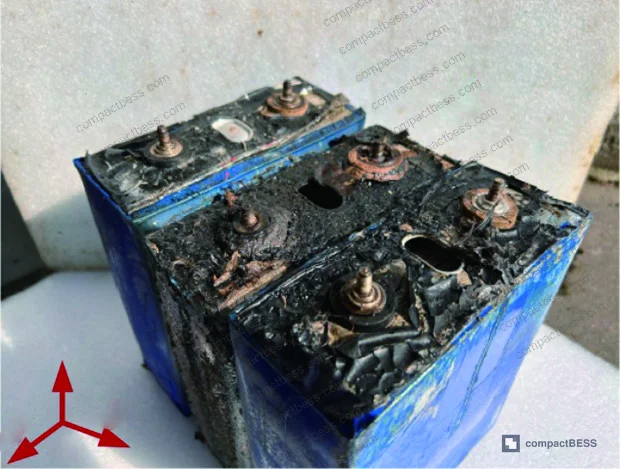 Figure 6: Post-test debris of the non-immersed module showing severe swelling and insulation damage on Cell 2