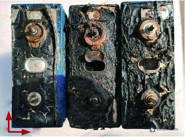 Figure 7: Adjacent cells (Cell 1 and Cell 3) post-thermal runaway inspection showing swelling and compromised vent valve on Cell 3